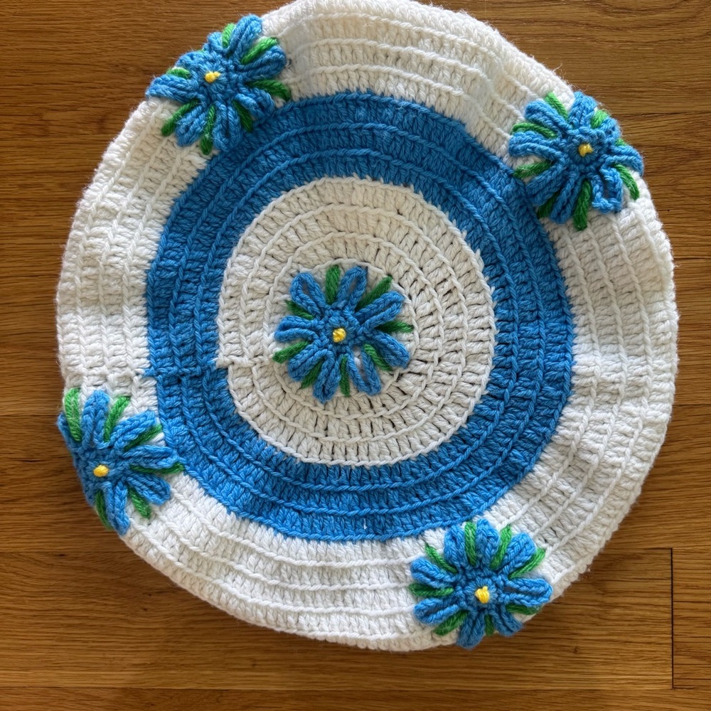 Vintage Hand-Crocheted Toilet Seat Cover Topper – Blue & White Floral